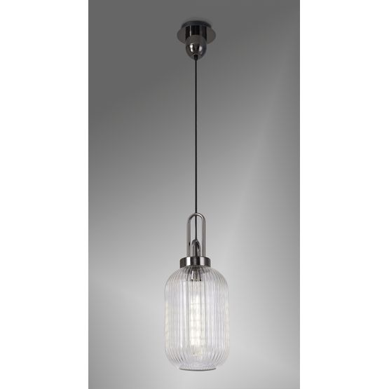 Angela 1 Light Pendant E27 With 20cm Tubular Ribbed Glass, Clear Black Chrome/Matt Black