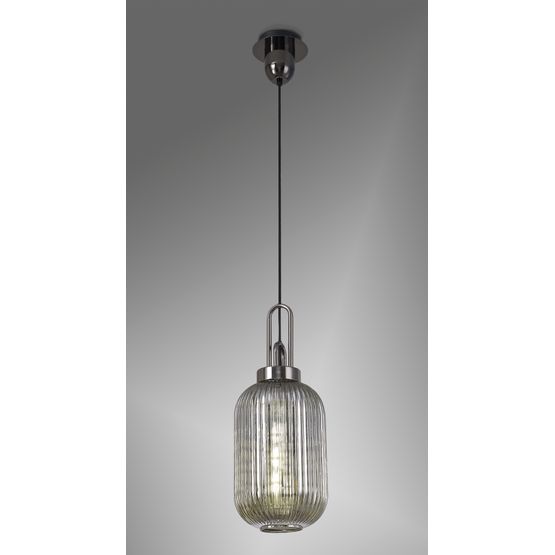 Angela 1 Light Pendant E27 With 20cm Tubular Ribbed Glass, Smoked Black Chrome/Matt Black