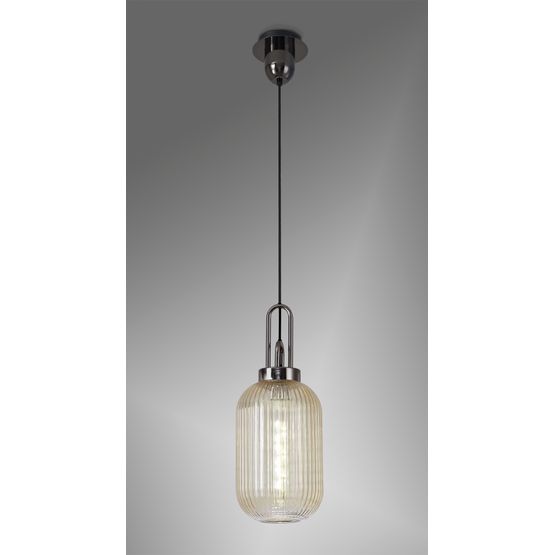 Angela 1 Light Pendant E27 With 20cm Tubular Ribbed Glass, Champagne Black Chrome/Matt Black