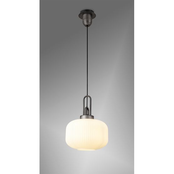 Angela 1 Light Pendant E27 With 30cm Pumpkin Shaped Ribbed Glass, Opal Black/Aged Pewter