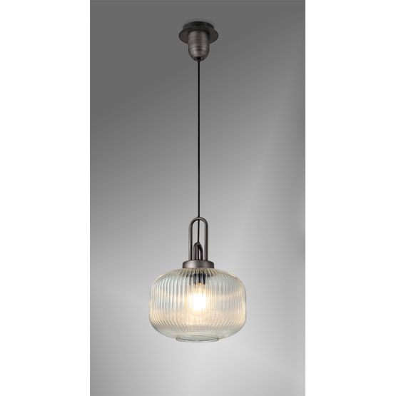 Angela 1 Light Pendant E27 30cm Pumpkin Shaped Ribbed Glass, Clear Black/Aged Pewter