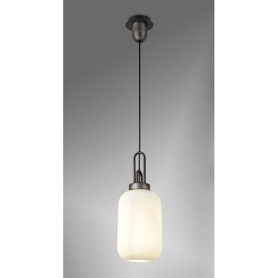 Angela 1 Light Pendant E27 20cm Tubular Ribbed Glass, Opal Black/Aged Pewter