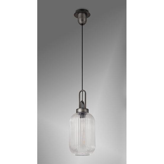 Angela 1 Light Pendant E27 20cm Tubular Ribbed Glass, Clear Black/Aged Pewter