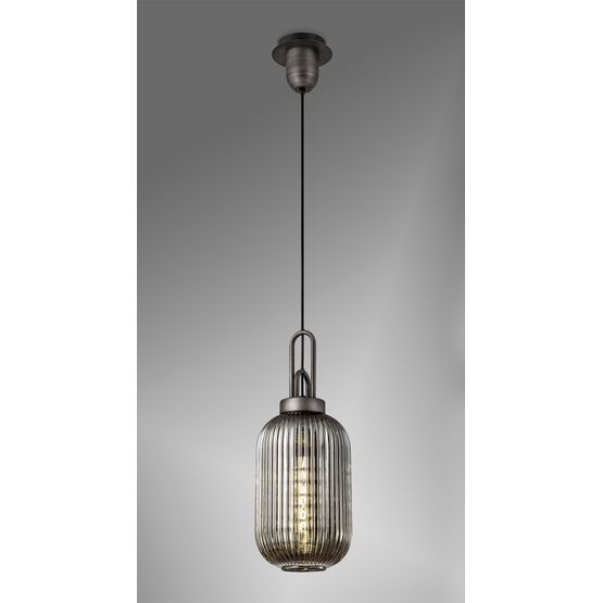 Angela 1 Light Pendant E27 20cm Tubular Ribbed Glass, Smoked Black/Aged Pewter