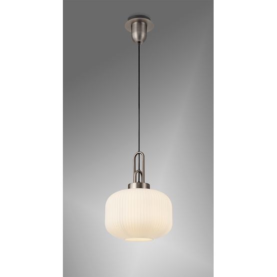 Angela 1 Light Pendant E27 30cm Pumpkin Shaped Ribbed Glass, Opal Antique Silver/Black