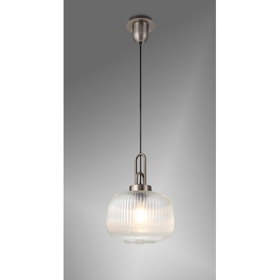 Angela 1 Light Pendant E27 30cm Pumpkin Shaped Ribbed Glass, Clear Antique Silver/Black