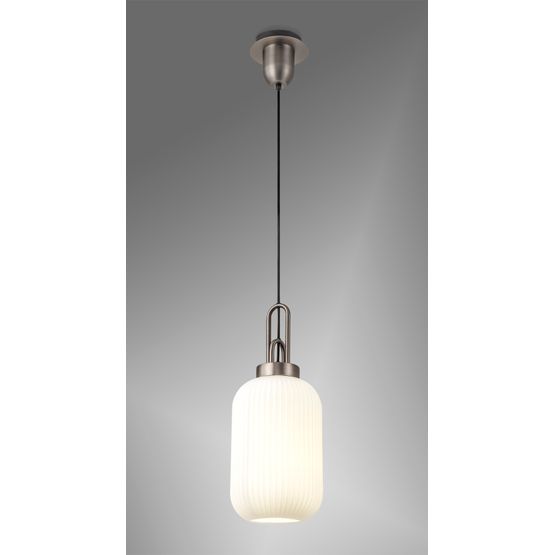 Angela 1 Light Pendant E27 20cm Tubular Ribbed Glass, Opal Antique Silver/Black