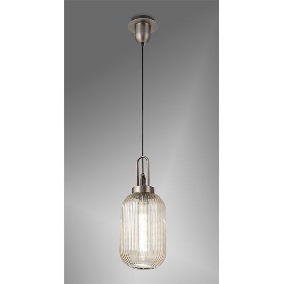Angela 1 Light Pendant E27 20cm Tubular Ribbed Glass, Clear Antique Silver/Black