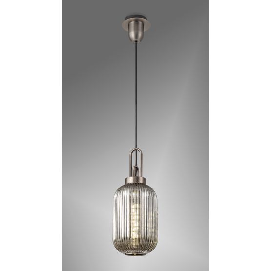 Angela 1 Light Pendant E27 20cm Tubular Ribbed Glass, Smoked Antique Silver/Black