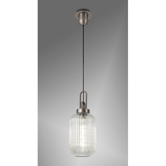 Angela 1 Light Pendant E27 20cm Tubular Ribbed Glass, Champagne Antique Silver/Black