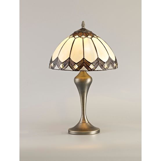 Bridget Tiffany Table Lamp, 1 x E27, Aged Antique Brass Base/Cream/Brown Glass/Clear Crystal