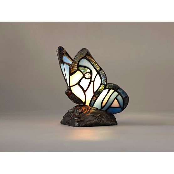 Mandy Tiffany Butterfly Table Lamp, 1 x E14, Black Base With Blue/Pink Glass With Clear Crystal