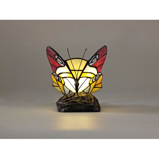 Mandy Tiffany Butterfly Table Lamp, 1 x E14, Black Base With Red/Yellow/Blue Glass With Clear Crystal