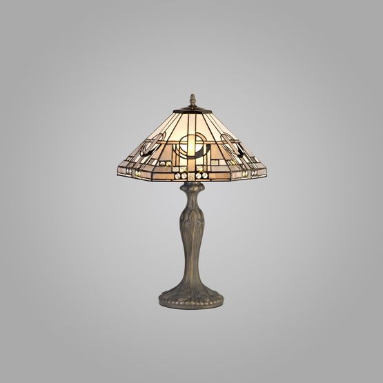 Areta 2 Light Curved Table Lamp E27 With 40cm Tiffany Shade, White/Grey/Black/Clear Crystal/Aged Antique Brass