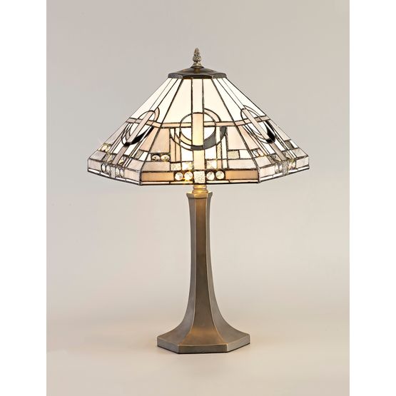 Areta 2 Light Octagonal Table Lamp E27 With 40cm Tiffany Shade, White/Grey/Black/Clear Crystal/Aged Antique Brass