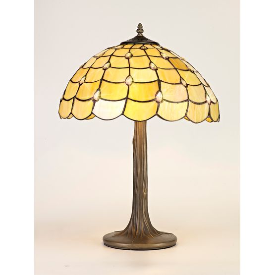 Camillie 2 Light Tree Like Table Lamp E27 With 40cm Tiffany Shade, Beige/Clear Crystal/Aged Antique Brass