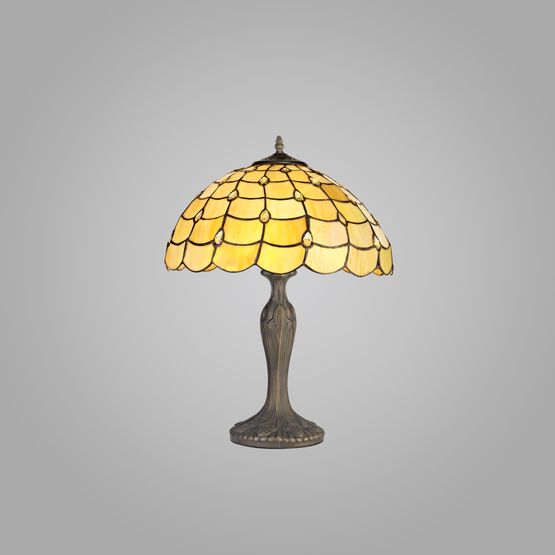 Camillie 2 Light Curved Table Lamp E27 With 40cm Tiffany Shade, Beige/Clear Crystal/Aged Antique Brass