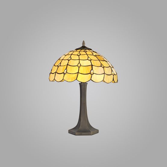 Camillie 2 Light Octagonal Table Lamp E27 With 40cm Tiffany Shade, Beige/Clear Crystal/Aged Antique Brass