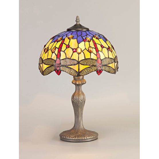 Haze 1 Light Curved Table Lamp E27 With 30cm Tiffany Shade, Blue/Orange/Crystal/Aged Antique Brass