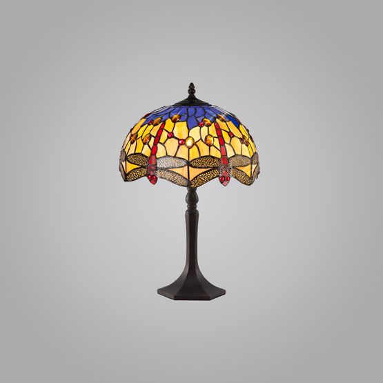 Haze 1 Light Octagonal Table Lamp E27 With 30cm Tiffany Shade, Blue/Orange/Crystal/Aged Antique Brass