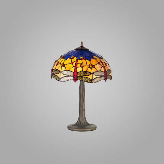 Haze 2 Light Tree Like Table Lamp E27 With 40cm Tiffany Shade, Blue/Orange/Crystal/Aged Antique Brass