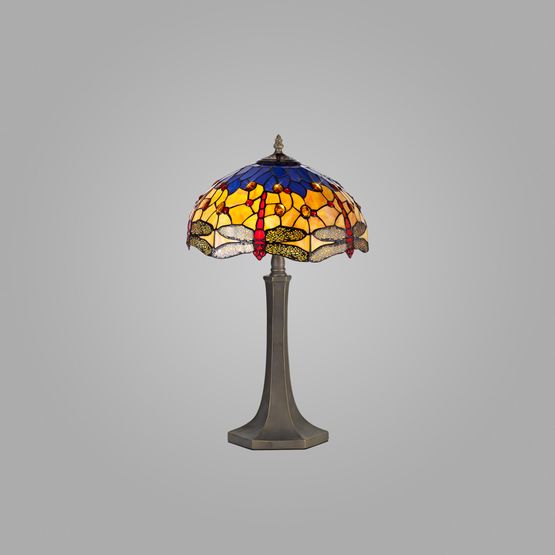 Haze 2 Light Octagonal Table Lamp E27 With 40cm Tiffany Shade, Blue/Orange/Crystal/Aged Antique Brass