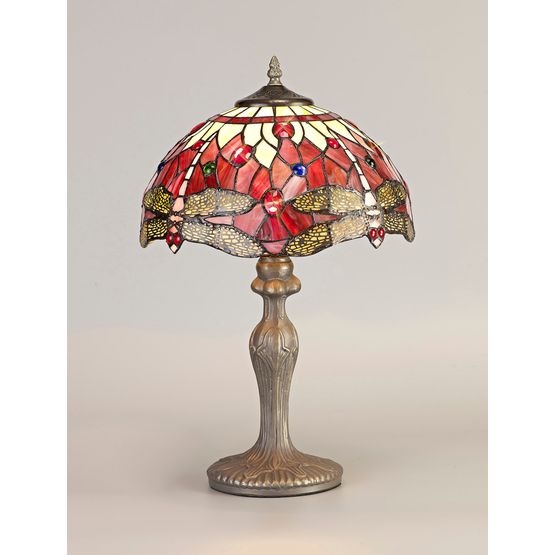 Haze 1 Light Curved Table Lamp E27 With 30cm Tiffany Shade, Purple/Pink/Crystal/Aged Antique Brass