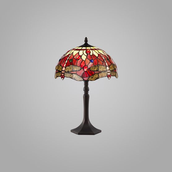 Haze 1 Light Octagonal Table Lamp E27 With 30cm Tiffany Shade, Purple/Pink/Crystal/Aged Antique Brass