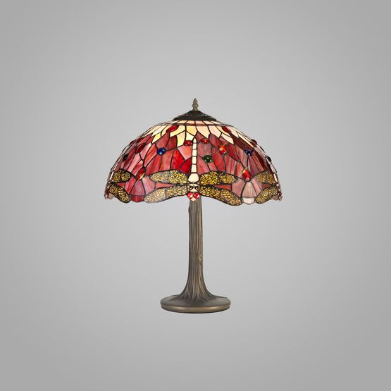 Haze 2 Light Tree Like Table Lamp E27 With 40cm Tiffany Shade, Purple/Pink/Crystal/Aged Antique Brass