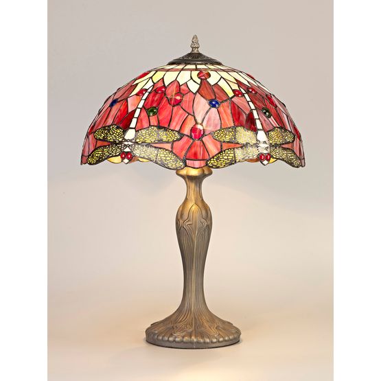 Haze 2 Light Curved Tiffany Table Lamp with Purple &amp; Pink Crystal Shade and Aged Antique Brass Finish