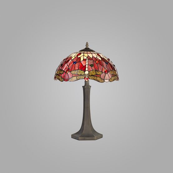 Haze 2-Light Octagonal Table Lamp with E27 Socket &amp; 40cm Tiffany Shade in Purple/Pink/Crystal/Aged Antique Brass