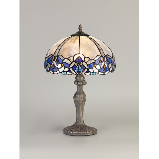 Orella 1 Light Curved Table Lamp E27 With 30cm Tiffany Shade, Blue/Clear Crystal/Aged Antique Brass