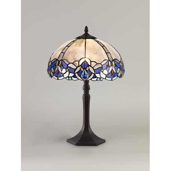 Orella 1 Light Octagonal Table Lamp E27 With 30cm Tiffany Shade, Blue/Clear Crystal/Aged Antique Brass