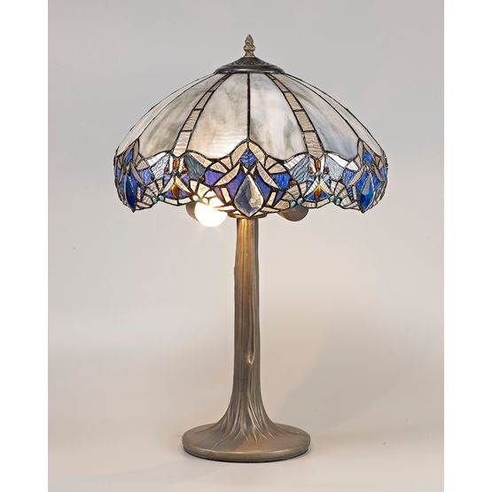 Orella 2 Light Tree Like Table Lamp E27 With 40cm Tiffany Shade, Blue/Clear Crystal/Aged Antique Brass