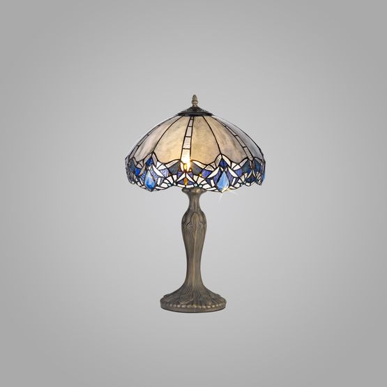 Orella 2 Light Curved Table Lamp E27 With 40cm Tiffany Shade, Blue/Clear Crystal/Aged Antique Brass