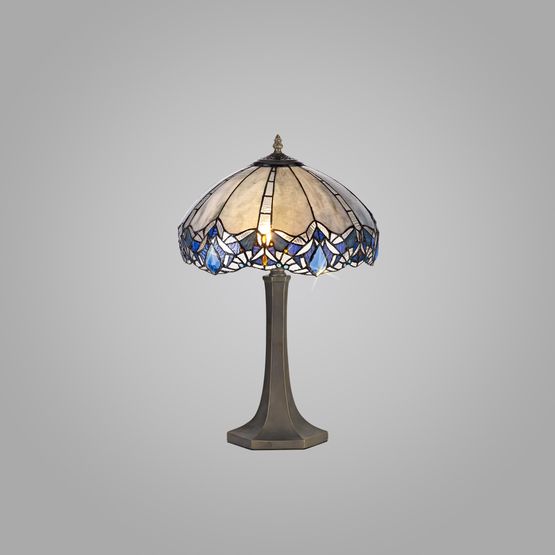 Orella 2 Light Octagonal Table Lamp E27 With 40cm Tiffany Shade, Blue/Clear Crystal/Aged Antique Brass