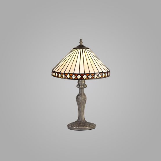 Teresa 1 Light Curved Table Lamp E27 With 30cm Tiffany Shade, Amber/Cream/Crystal/Aged Antique Brass