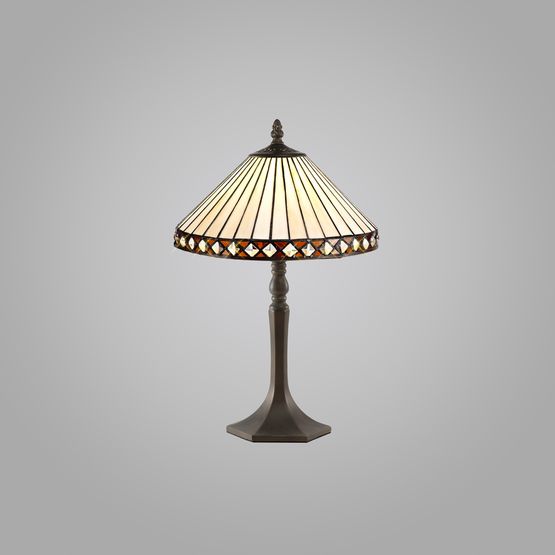 Teresa 1 Light Octagonal Table Lamp E27 With 30cm Tiffany Shade, Amber/Cream/Crystal/Aged Antique Brass