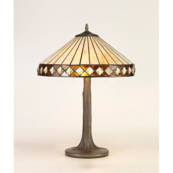 Teresa 2 Light Tree Like Table Lamp E27 With 40cm Tiffany Shade, Amber/Cream/Crystal/Aged Antique Brass