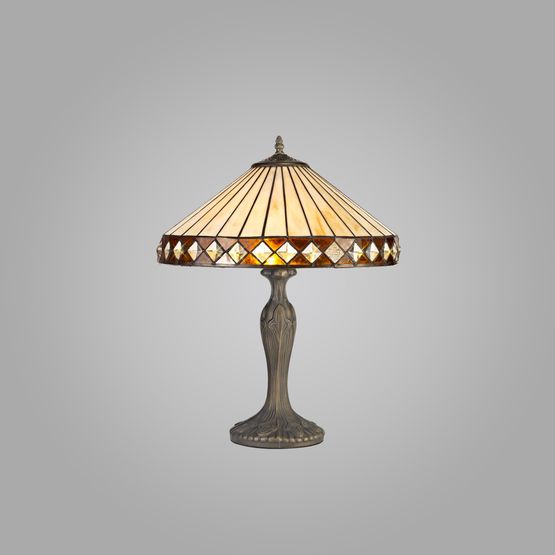 Teresa 2 Light Curved Table Lamp E27 With 40cm Tiffany Shade, Amber/Cream/Crystal/Aged Antique Brass