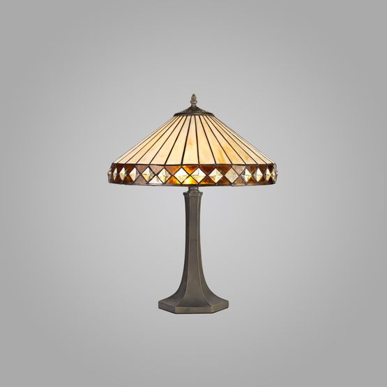 Teresa 2 Light Octagonal Table Lamp E27 With 40cm Tiffany Shade, Amber/Cream/Crystal/Aged Antique Brass