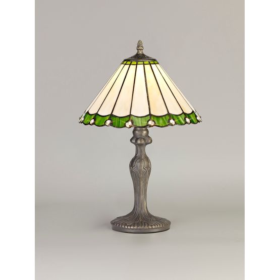 Una 1 Light Curved Table Lamp E27 With 30cm Tiffany Shade, Green/Cream/Crystal/Aged Antique Brass