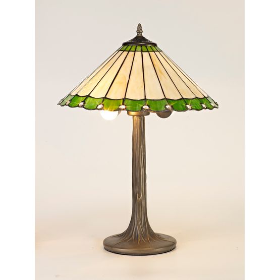Una 2 Light Tree Like Table Lamp E27 With 40cm Tiffany Shade, Green/Cream/Crystal/Aged Antique Brass