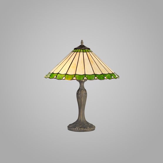 Una 2 Light Curved Table Lamp E27 With 40cm Tiffany Shade, Green/Cream/Crystal/Aged Antique Brass
