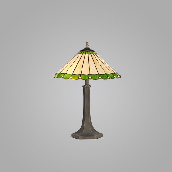 Una 2 Light Octagonal Table Lamp E27 With 40cm Tiffany Shade, Green/Cream/Crystal/Aged Antique Brass