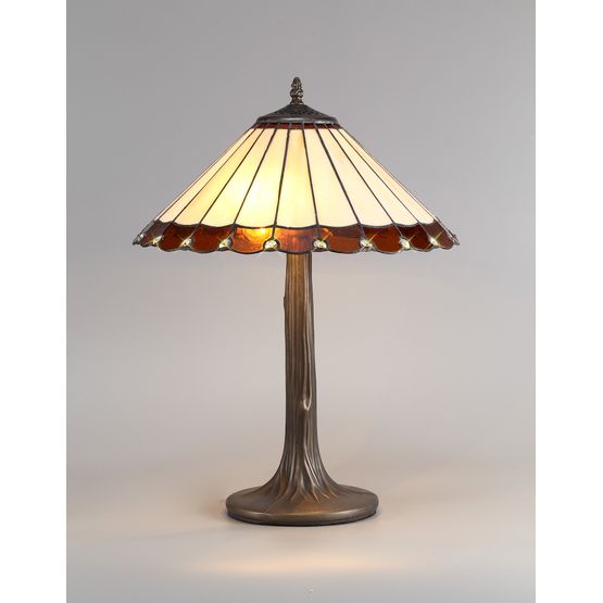 Una 2 Light Tree Like Table Lamp E27 With 40cm Tiffany Shade, Amber/Cream/Crystal/Aged Antique Brass