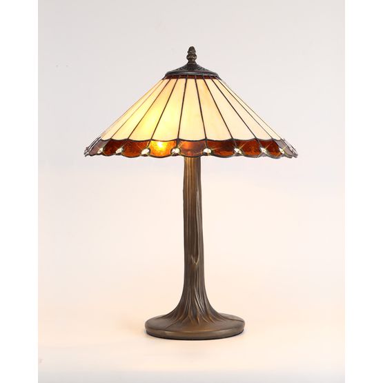 Una 2 Light Curved Table Lamp E27 With 40cm Tiffany Shade, Amber/Cream/Crystal/Aged Antique Brass