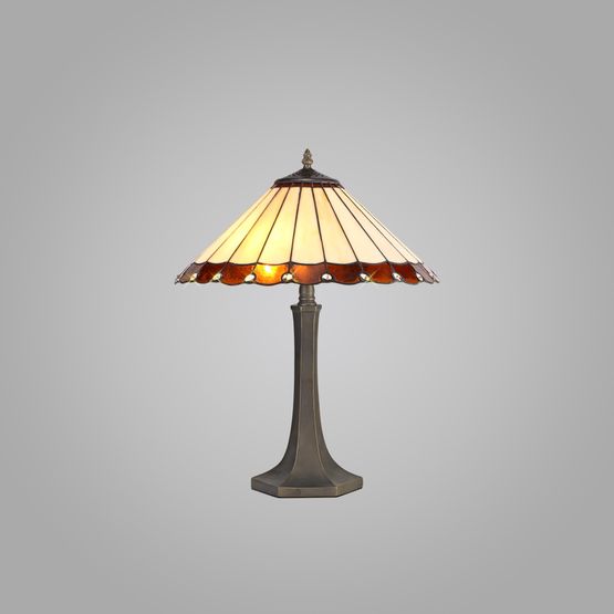 Una 2 Light Octagonal Table Lamp E27 With 40cm Tiffany Shade, Amber/Cream/Crystal/Aged Antique Brass