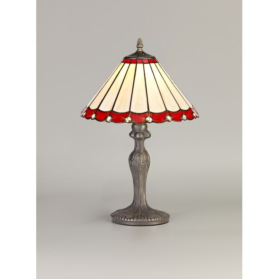 Una 1 Light Curved Table Lamp E27 With 30cm Tiffany Shade, Red/Cream/Crystal/Aged Antique Brass