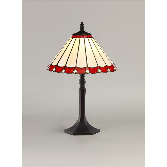 Una 1 Light Octagonal Table Lamp E27 With 30cm Tiffany Shade, Red/Cream/Crystal/Aged Antique Brass